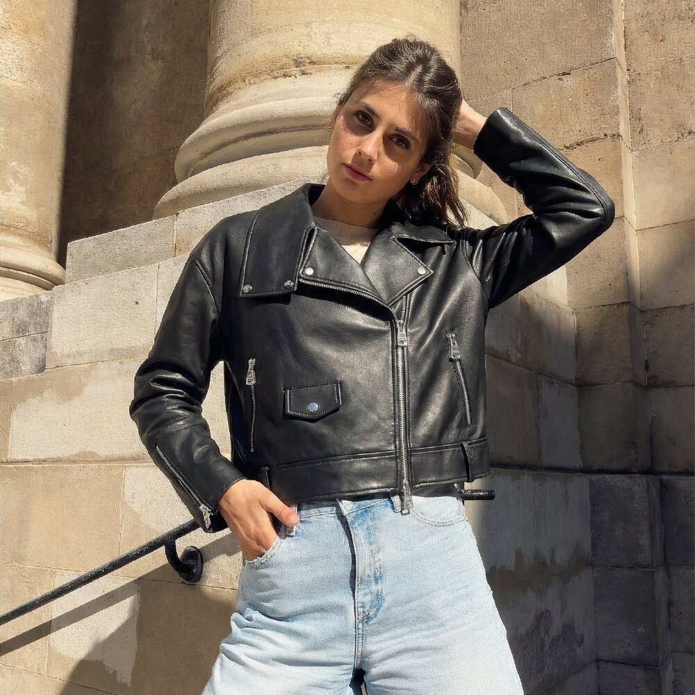 Antonio Melani Black Leather Jacket Biker Moto Silver Zippers New XL Retro 90s